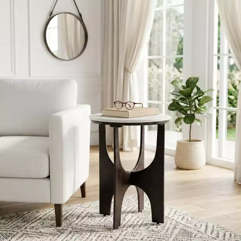 Contemporary Round Marble Top Accent Side Table with Metal Base for Home Decor - Sculptural Narrow End Table for Small Spaces - 22, White & Bronze