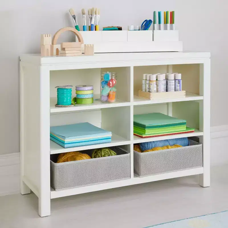 Kids' Double Open Storage: Children's Wooden Arts and Crafts Supply Organizer with Fabric Bin Storage