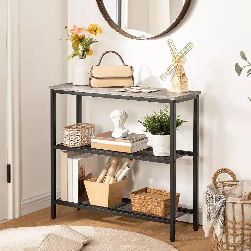 ACOINEL 29.5 Narrow Console Table, 3-Tier Entryway/Sofa Side Table with Storage Shelves, Greige & Black Thin Display Table