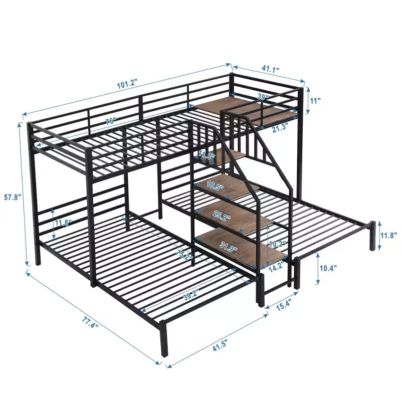 L-Shaped Triple Bunk Beds for 3 Kids, Twin over Twin and Twin Metal Bunk Bed Frame with Storage Shelves Staircase