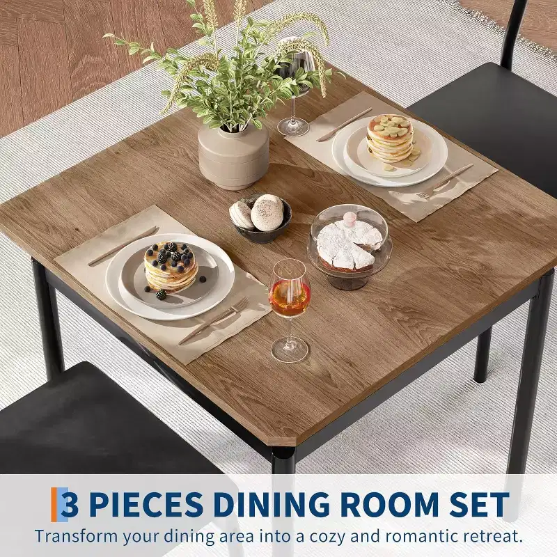 3-Piece Dining Set with Table & 2 Padded Chairs, Wooden Frame, Space-Saving Design, Easy-Clean Surface, Black