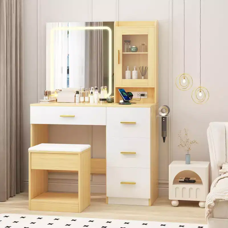Vanity Desk with Mirror and Lights,Modern Makeup Dressing Table with Built In Outlets, Storage Stool,4 Drawers & Hair Dryer Holder