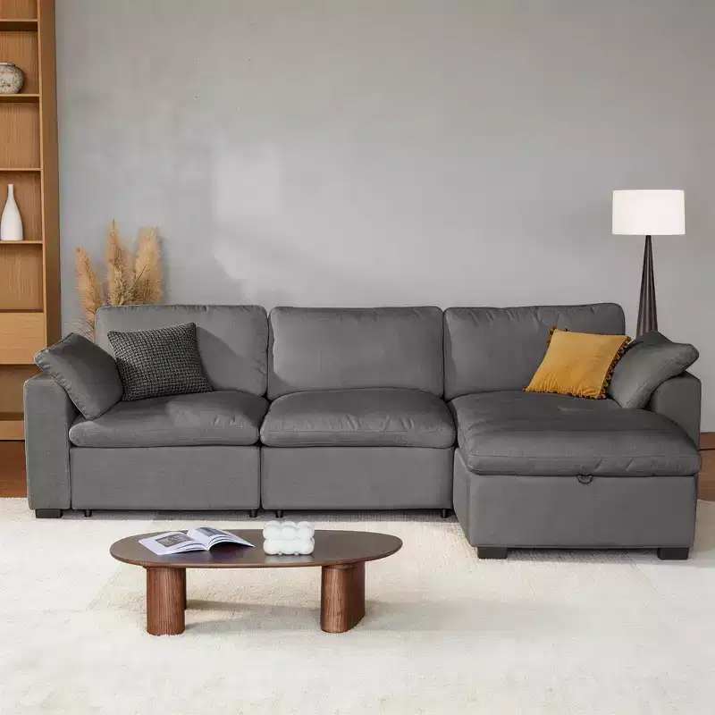 Dyonery 120 Modular Sectional Sofa, Down Filled Cloud Couch with Storage Ottoman, Oversized L Shaped Couch with 2 Pillows, 3 Seats Couches , Beige