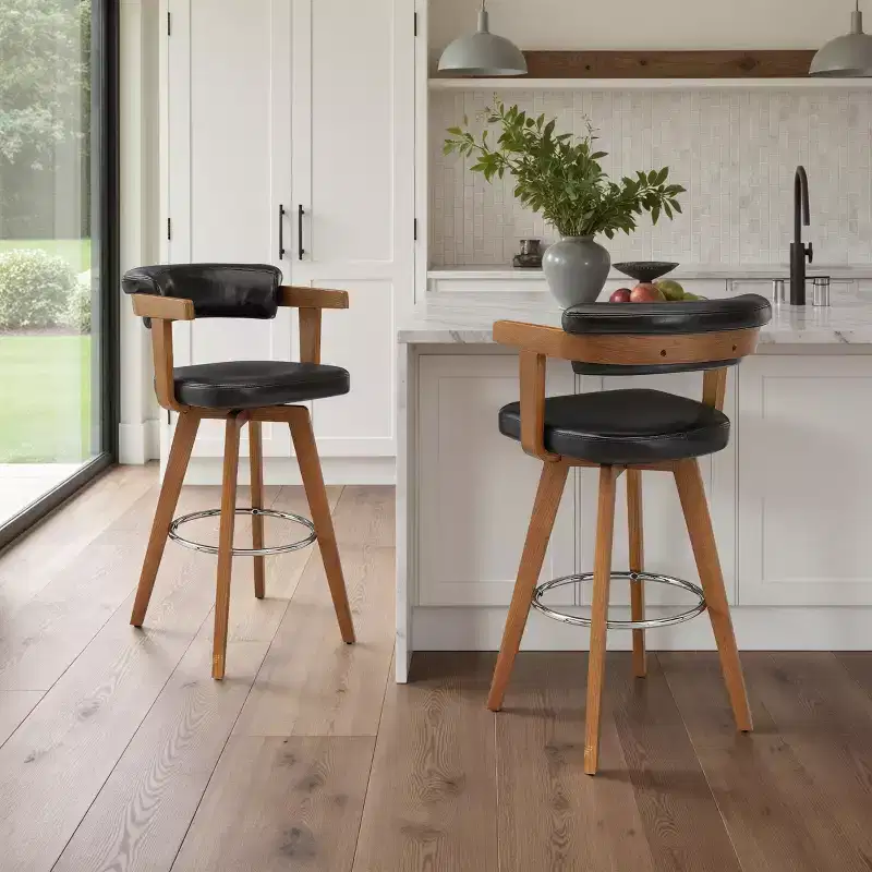 Art Leon Set of 2 Faux Leather Upholstered Swivel Barstool With Solid Wood Frame