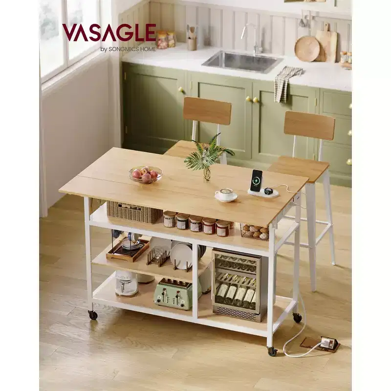 VASAGLE Kitchen Island with Drop Leaf, Kitchen Workbench with Extendable Worktop, Kitchen Cart, Adjustable Shelf