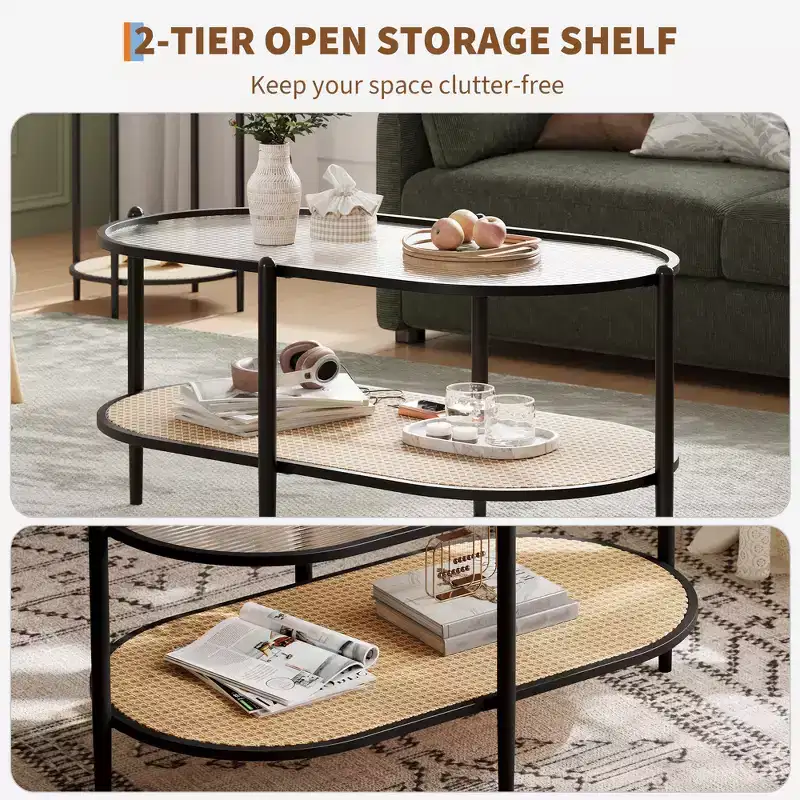 Coffee table, double-layered rattan with tempered glass top, water ripple glass, bohemian style, suitable for living room, office, and home decor.
