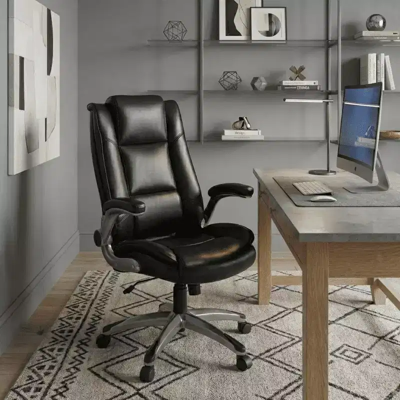 High Back Executive Office Desk Chair, Leather Task Chair with Adjustable Tilt Lock, Flip-up Arms, Ergonomic Chair, Black
