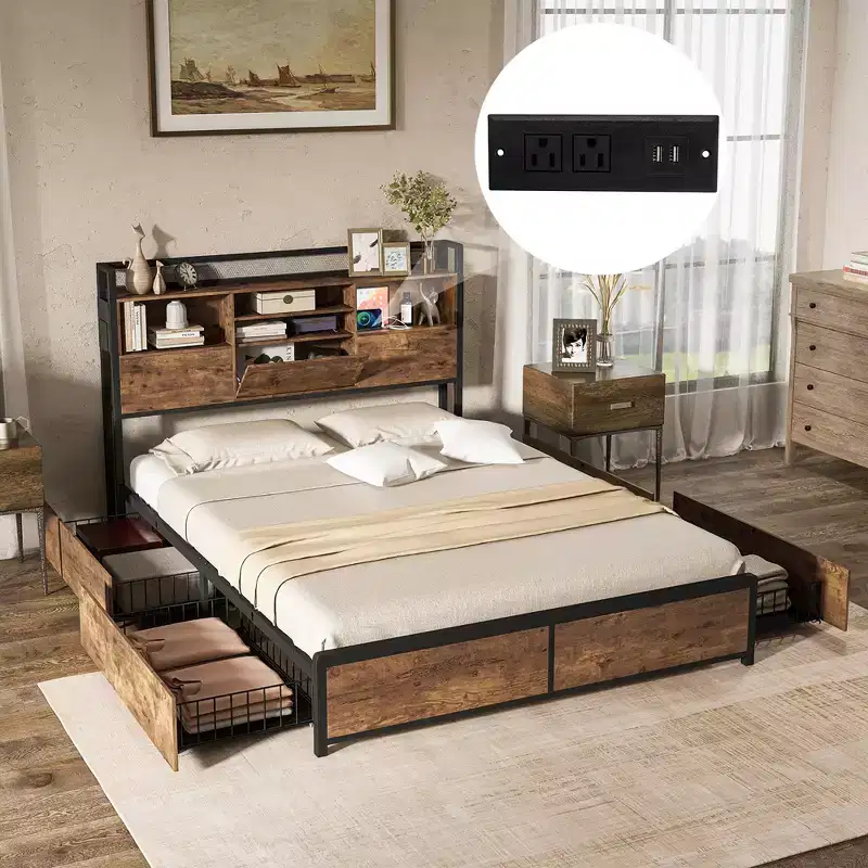 Costway Full Size Bed Frame w/ Bookcase Headboard & 4 Storage Drawers Vintage Brown