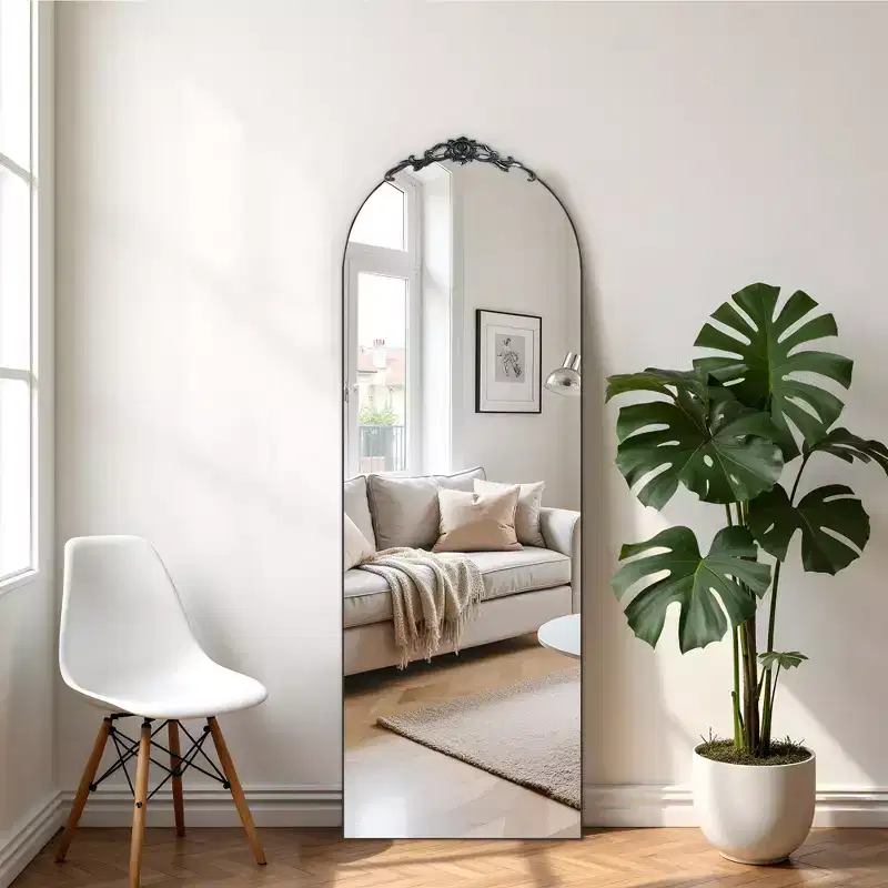 Wooden Carved Full-Length Mirror: 64.35x23.4, Vintage Black, Right Angled Arch, Bracket Attached