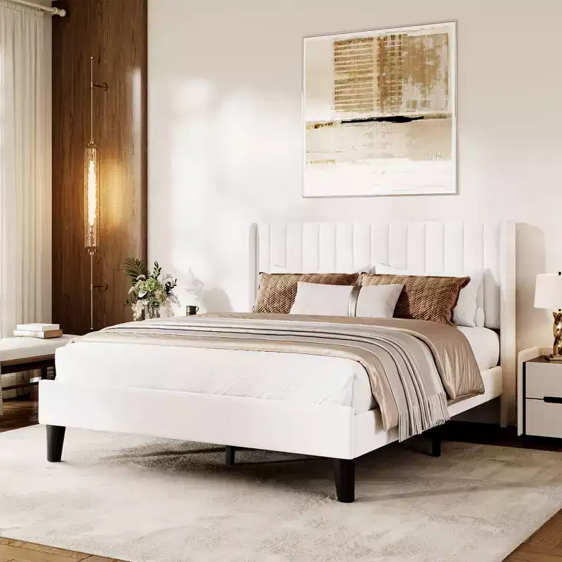 Beige Velvet Wingback Platform Bed Frame, Vertical Channel Tufted, Full/Queen