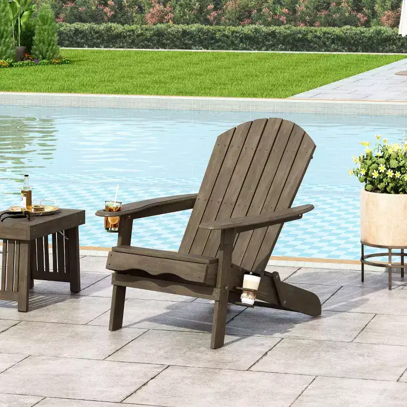 Okak Rustic Patio Folding Adirondack Chair Wooden Accent Chair for Porch,Garden&Backyard,Outdoor Lounge Chair,330lbs Max
