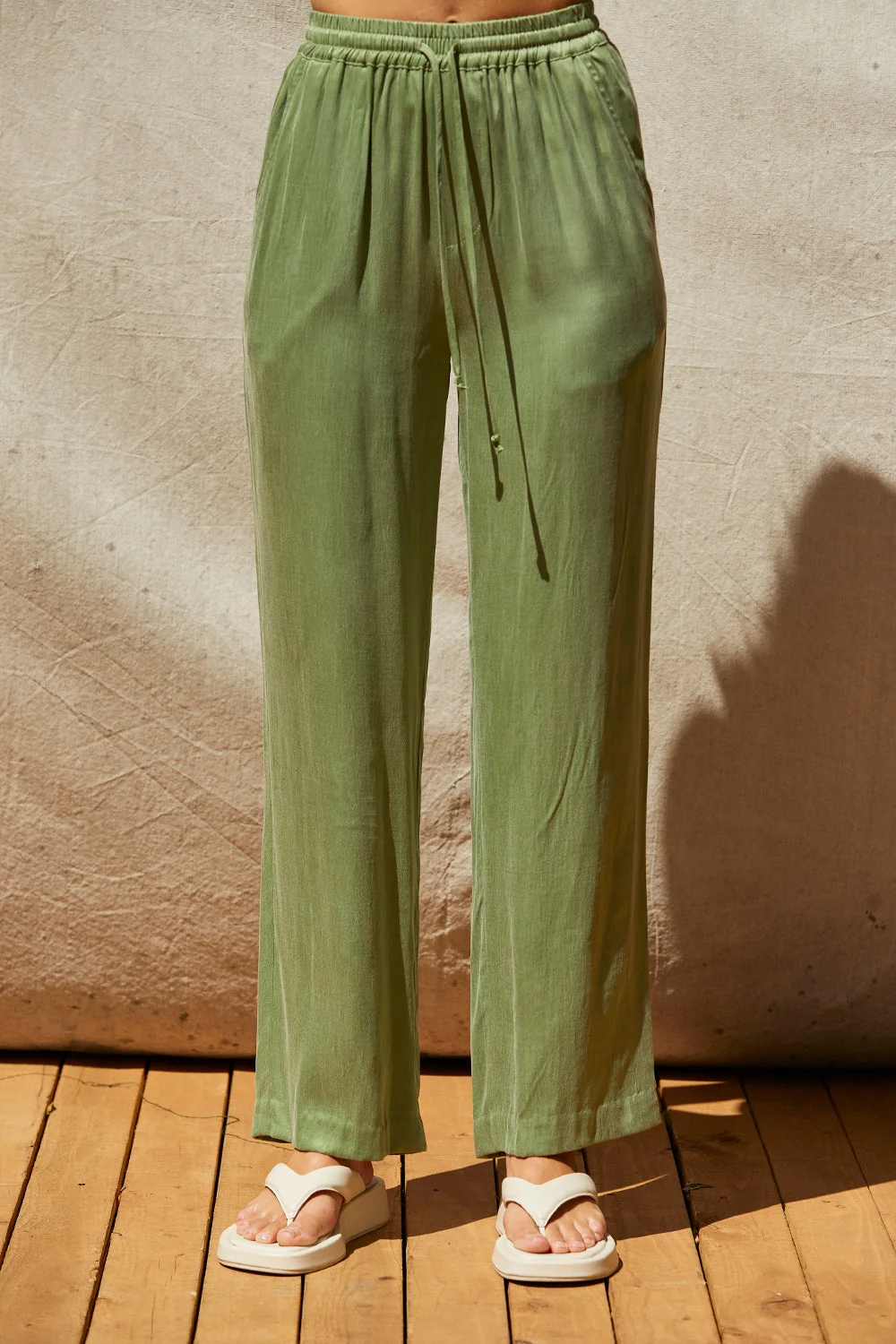 Pull On Cupro Straight Leg Drawstring Pants with Side Pockets