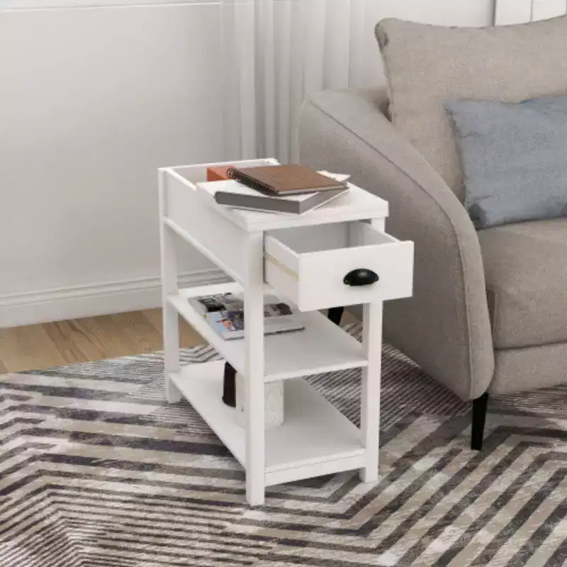 Compact Side Table with Drawers & Flip-Design Bottom Shelf for Storage Efficiency