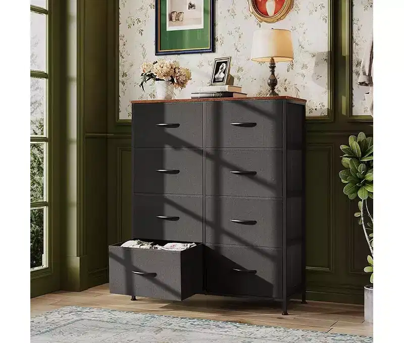 Dresser Tower with 8 Drawers  Tall Fabric Storage Organizer for Bedroom, Closet, Dorm & Hallway  Double Chest Unit, Black and Rustic Brown