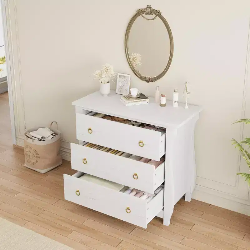Garvee White 3 Drawer Dresser, Mid-Century Nightstand 3 Chest of Drawers with Curved Leg Bedside End Table for Living Room Bedroom Entryway Nursery