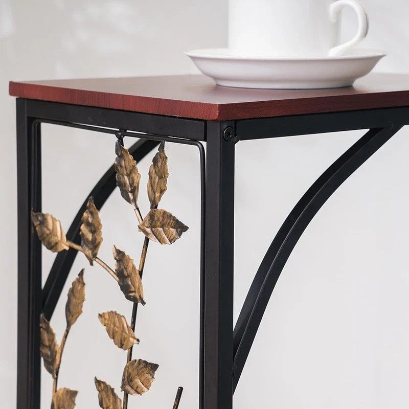 C-Shape Side Table with Leaf Pattern Iron Frame and Wood Top, Brown and Gold, 12L x 8.27W x 21.26H in