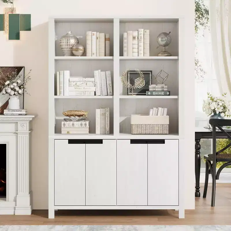 70.7Inch Tall Double Wide Bookshelf with Doors and Adjustable Shelves,5Tier Farmhouse Bookcase with Cabinet and Double Storage for Living Room,Office