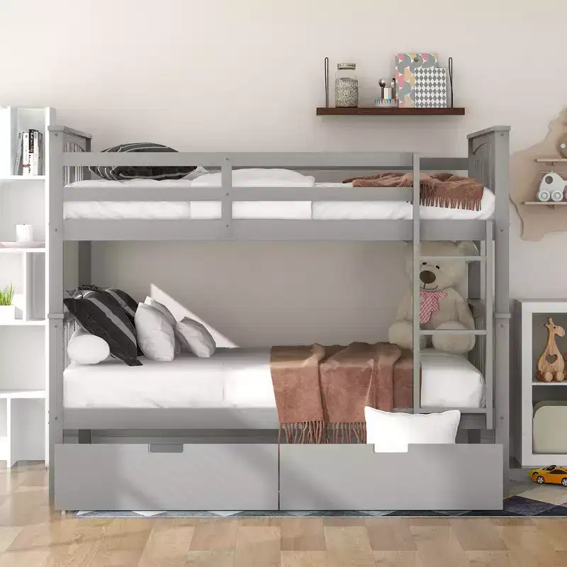 Full Over Full Wood Bunk Bed with 2 Under-Bed Storage Drawers, Sturdy Bed Frame for Bedroom, Gray.