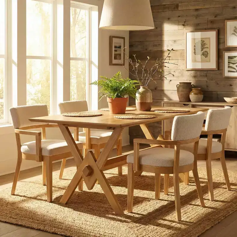 Christopher Knight Home Raisa 5 Piece Farmhouse Rubberwood Dining Set with Boucle Upholstered Chairs