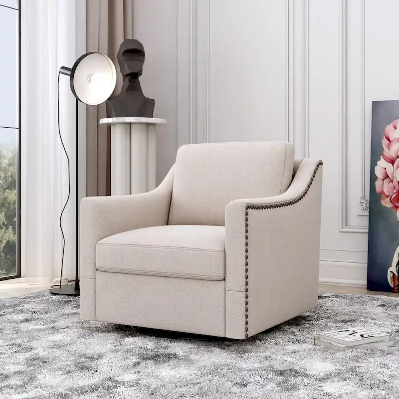 360-degree Swivel Accent Armchair Linen Blend Grey Modern Soft Velvet Material Ergonomics With Black Legs For Indoor Home