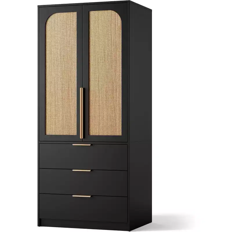 Wardrobe Cabinet With 3 Drawers, Hanging Rod, And Two Doors