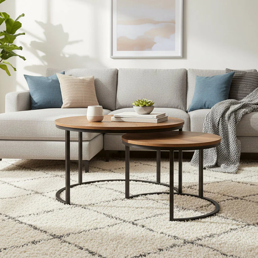 Fort Worth Set of 2 Round Nesting Coffee Tables, Brown