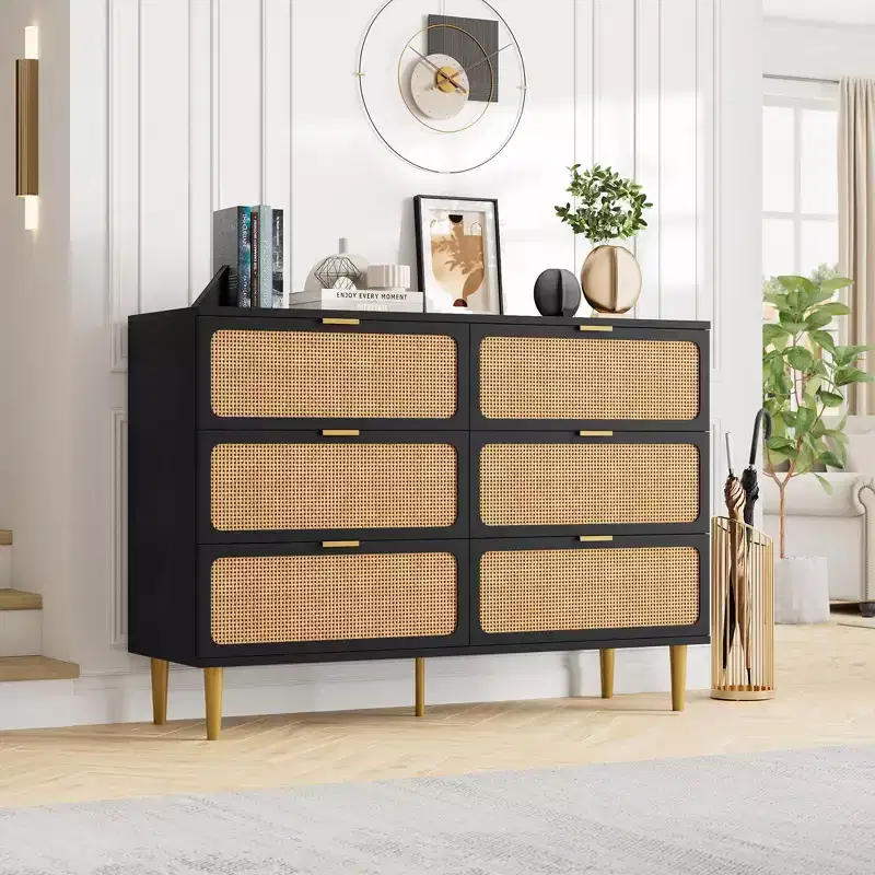 Rattan 6 Drawer Dressers for Bedroom, Large Double Dresser with Deep Drawers, Chest of Drawers for Closet with Wide Top, Long Wooden Dresser