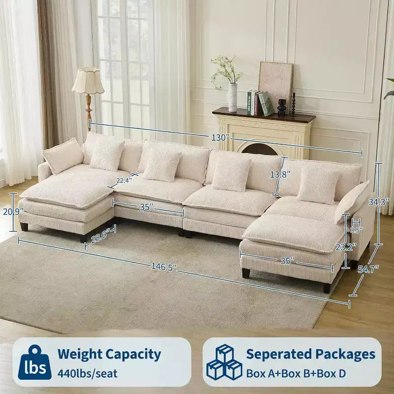 146.5 Modular Sectional Sofa with Ottoman & Pillows  Corduroy U/L-Shaped Cloud Couch for Living Room, Office, Bedroom & Apartment