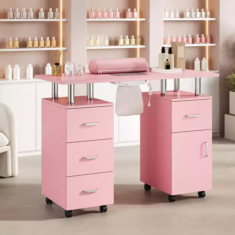 Manicure Table Nail Desk Station with Dust Collector, Locking Castors, Wrist Cushion & Storage for Home, Nail Tech & Beauty Salon