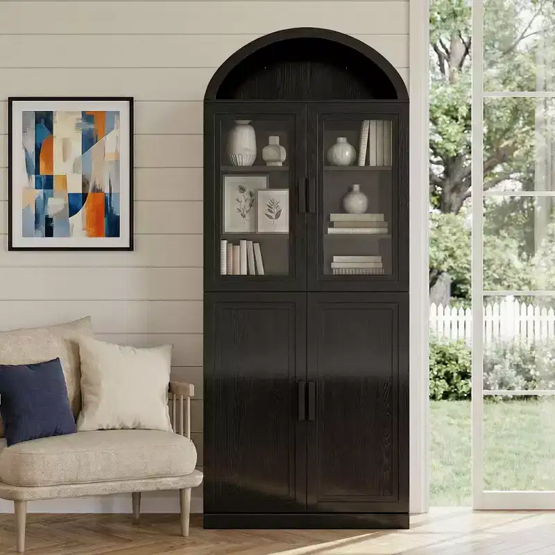 Arched Display Cabinet Freestanding with Glass Doors & Adjustable Shelves Wood Storage Curio Cabinet for Living Room Home Office Dining Room