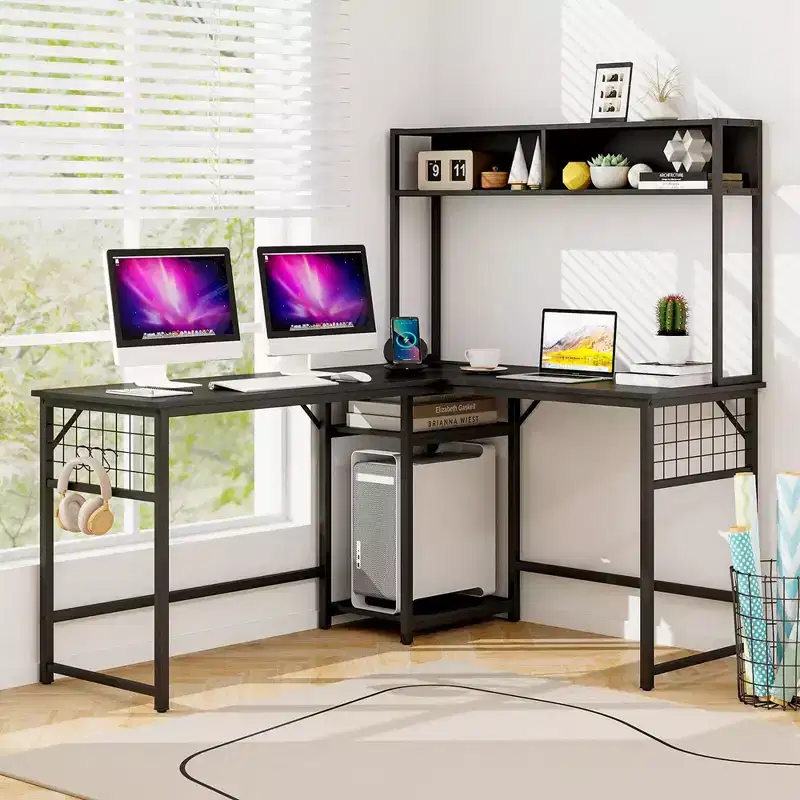 Costway L-shaped Desk with Power Outlet Large Corner Desk Converts to 2-Person Long Desk Rustic Brown/Black