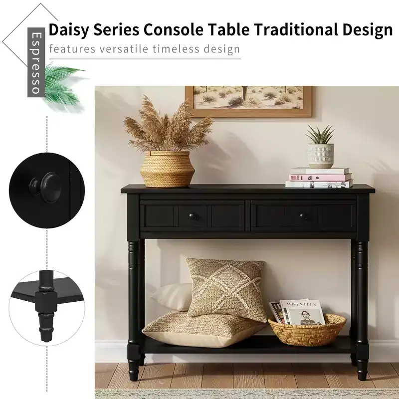 Traditional Entryway Console Table with 2 Drawers and Bottom Shelf, Solid Pine Wood