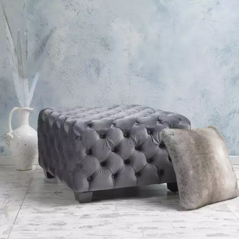 Velvet Ottoman with Button-Tufted Diamond Stitch, Square Entryway Bench, Foot Stool for Living Room