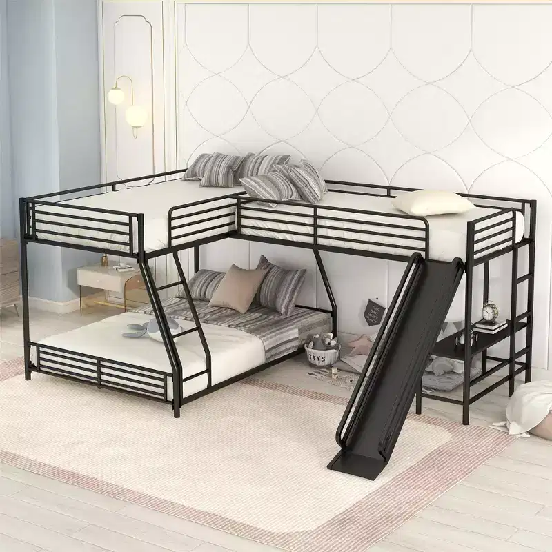 Metal Twin over Full Bunk Bed, L Shaped Bunk Bed for 3 Kids, Heavy-Duty Triple Bunk Bed with Desk and Slide, Black