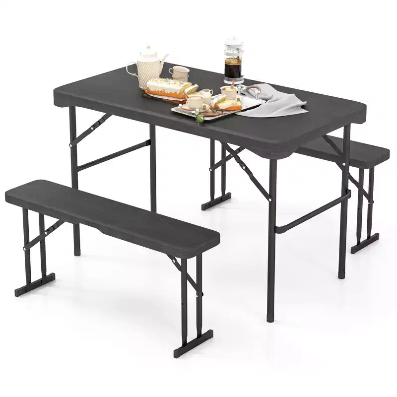 Costway Outdoor Table Bench Set Folding Picnic Table Set w/ 2 Benches Sturdy Metal Frame