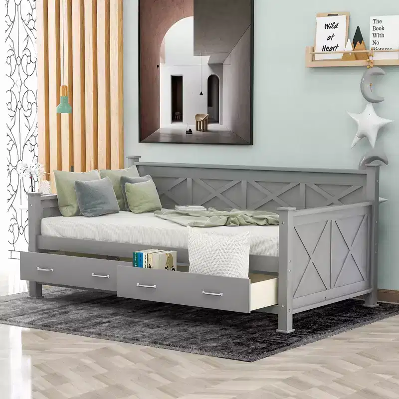 Modern Rustic Twin Size Wood Daybed with 2 Storage Drawers – 220 lbs Capacity