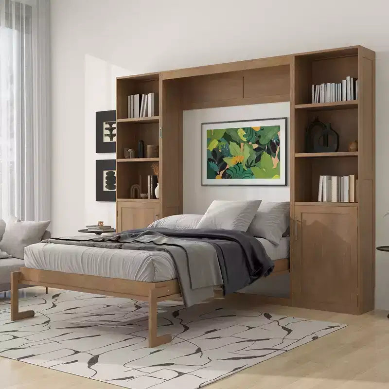Queen Size Wooden Murphy Bed with Storage Shelves & Cabinets, Foldable Wall Bed, Natural - ModernLuxe