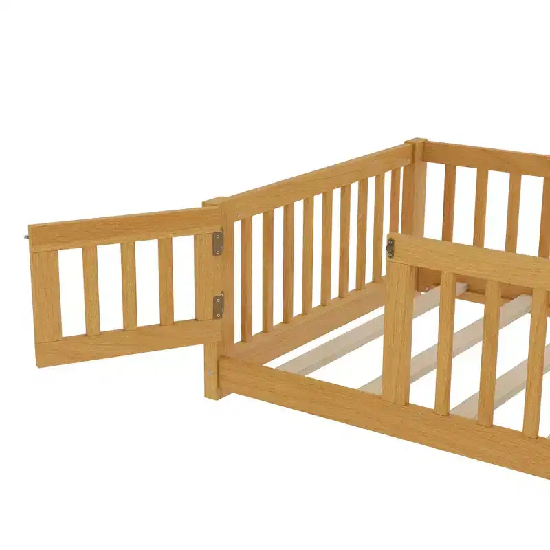 Twin/Full/Queen Size Floor Bed with Guardrails and Door, Wood Platform Bed for Kids