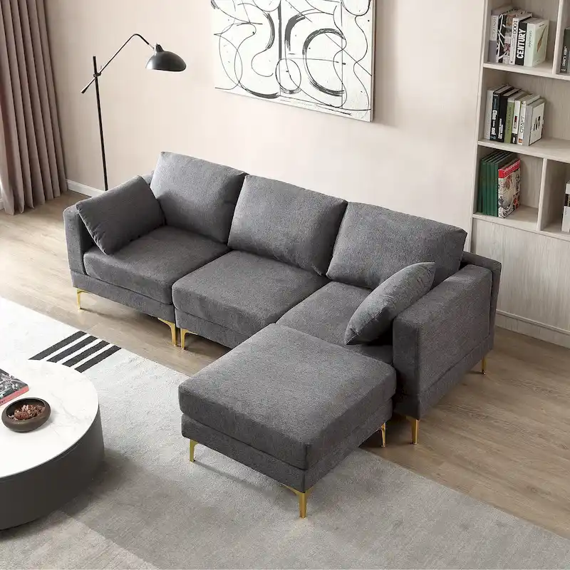 Christopher Knight Home - Beige L-Shape Sectional Sofa with Gold Metal Legs and Ottoman