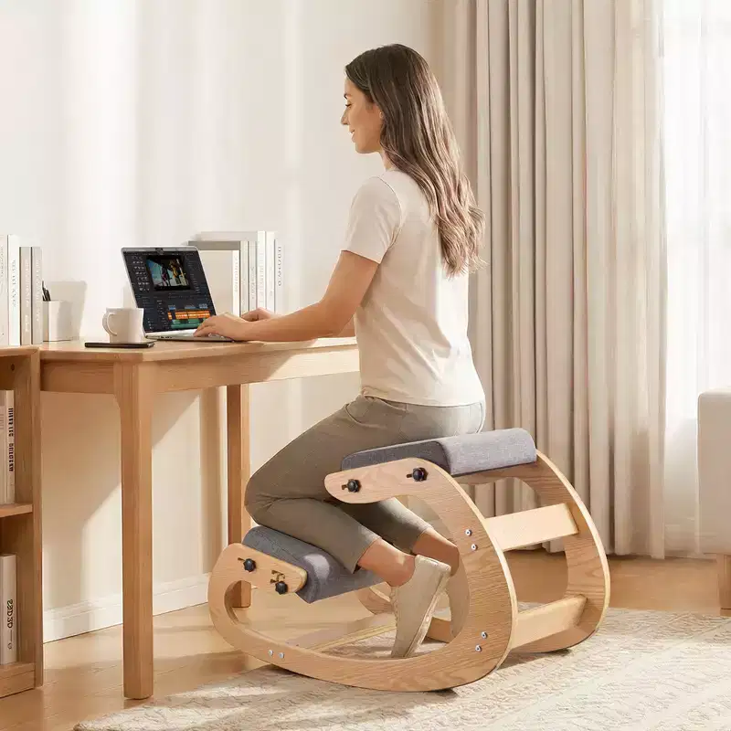 Ergonomic Kneeling Chair, Wooden Posture Knee Chair with Adjustable Thick Foam Cushions & Solid Wood Frame, Adjustable Height, Gray