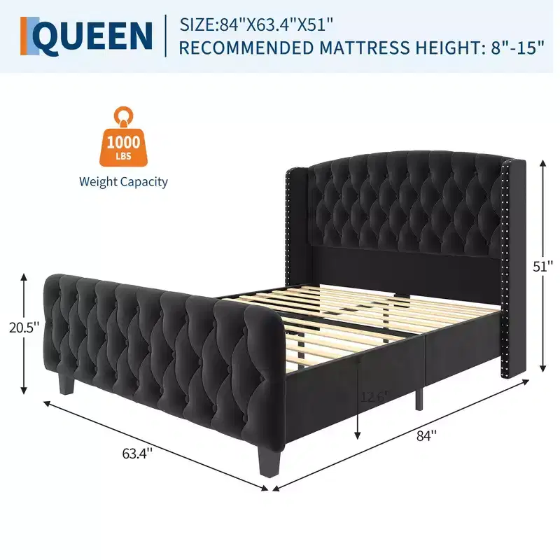Bed Frame with Deep Button Tufted Wingback Headboard and Footboard, Velvet Upholstered Platform Frame, No Box Spring, Easy Assembly