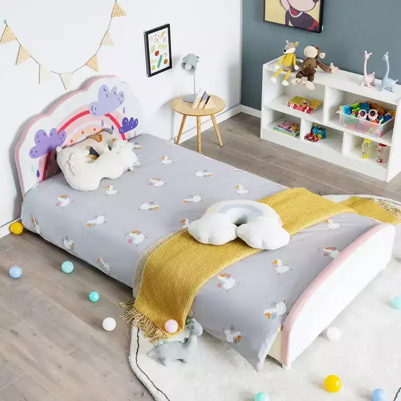 Kids Upholstered Platform Bed, Children Twin Size Wooden Bed with Rainbow Pattern