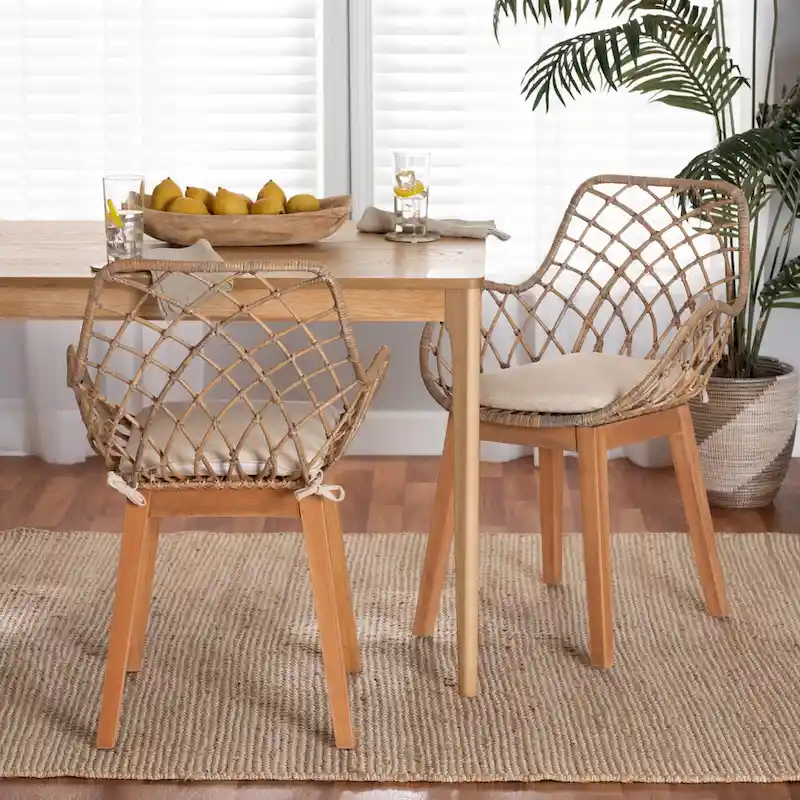Bohemian Rattan Dining Chair Set of 2 with Cushion and Armrests