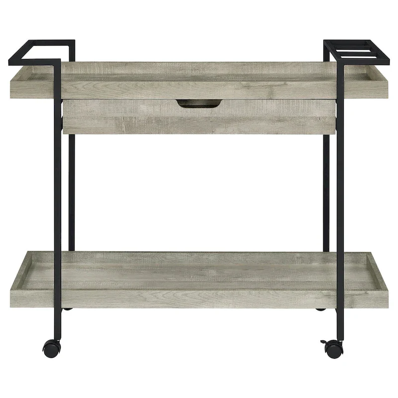 40 Inch Rolling Bar Cart, 2-Tier with Drawer, Gray Wood & Black Metal