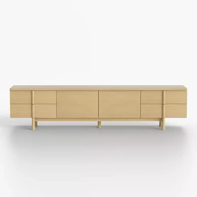 Modern Style 86.8 - Inch TV Stand with Solid Wood Handles & Feet, Soft - Close Hinges + Cable Management Holes Natural Color