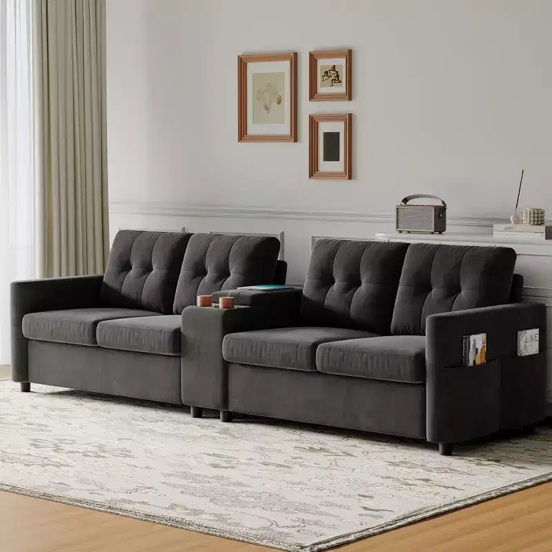 115 Sectional Sofa with Center Console, Cup Holders, Tufted Cushions & Storage Pocket, Spacious 4-Seater Couch for Apartment, Lounge