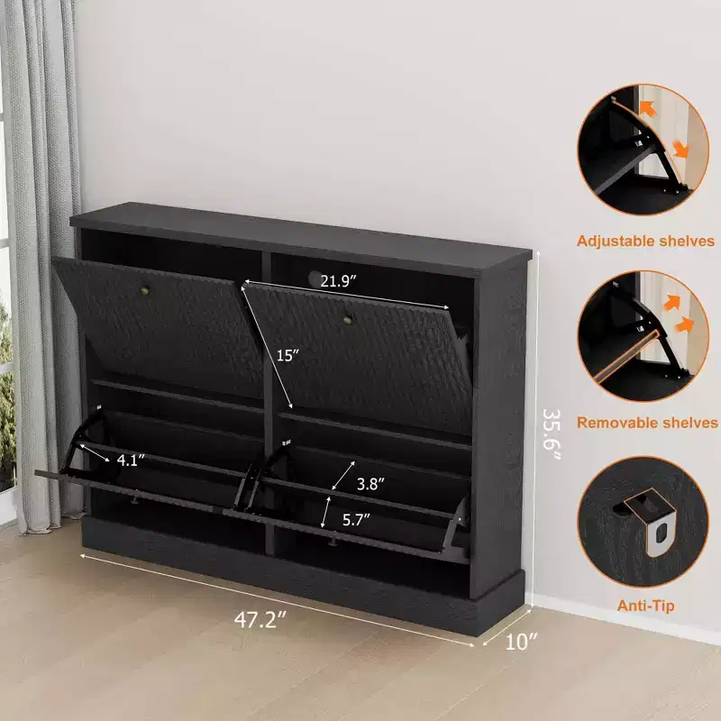 Shoe Cabinet with 4 Flip Drawers, Hidden Wooden Fluted Shoe Cabinet with Adjustable Shelf, Freestanding Shoe Storage Cabinet for Entryway Hallway