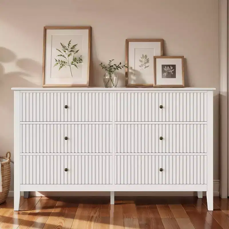 Fluted 6-Drawer Dresser with Soft-Close Drawers, Modern Closet Organizer, White
