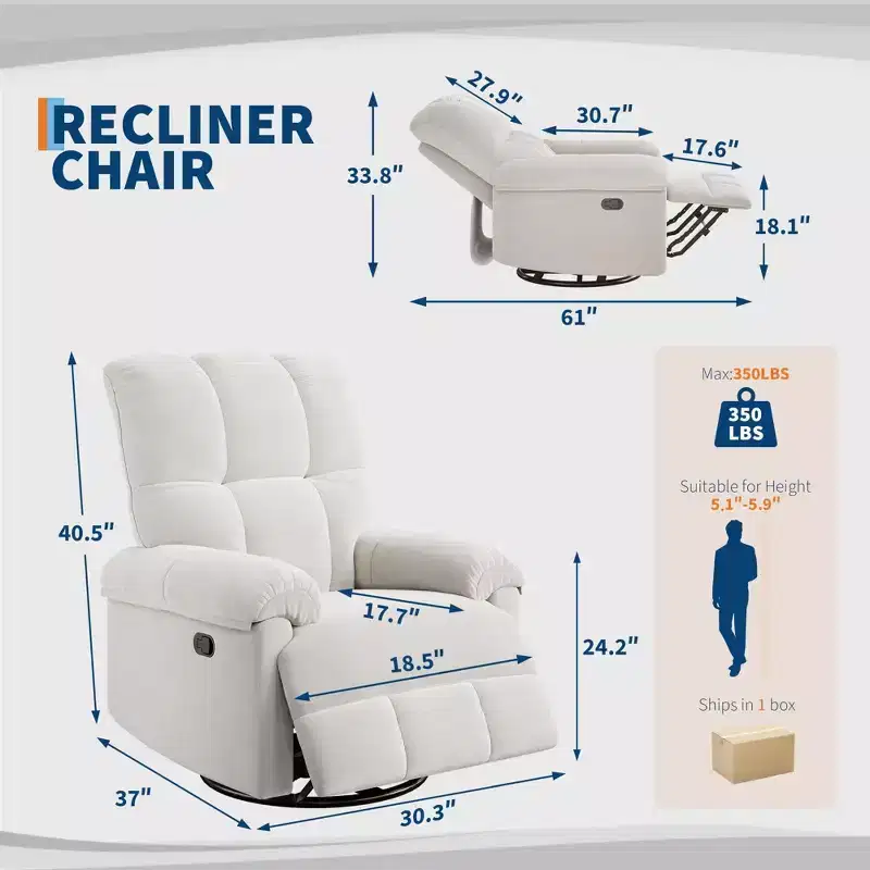 Manual Recliner Sofa Chair, 360° Swivel Rocker Glider with Padded Armrests