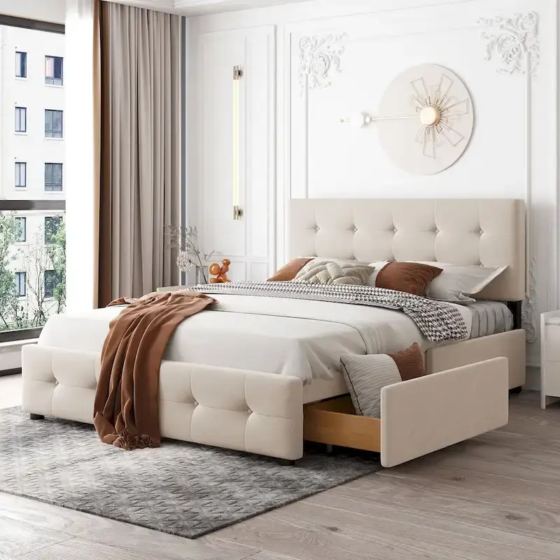 Platform Bed with Headboard and 4 Storage Drawers